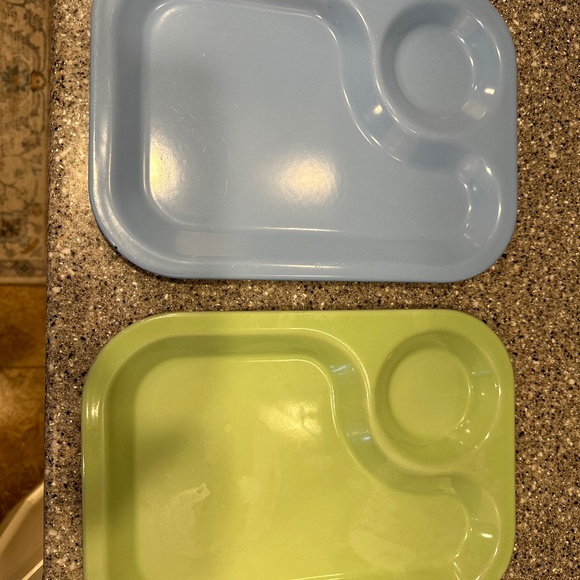 Set of 2 Porcelain Enamel Metal Serving Snack Trays: Green & Blue Mid Century - Picture 1 of 10